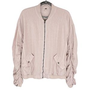 Free People Pink Ruched Linen Oversized Bomber Jacket Size Small
